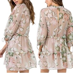Princess Polly Boho Eden Bloom Tiered Mini Dress Floral Sheer Ruffle Tan Green 6